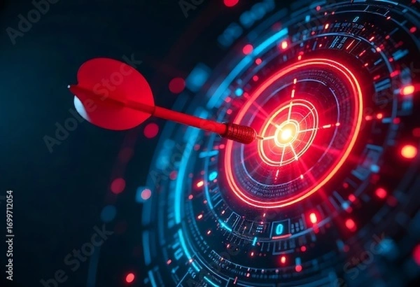 Fototapeta Red dart hits digital target, symbolizing precision, success, and innovation. Futuristic data streams emphasize strategy, technology, finance, AI, networking, business, growth, and modern achievement.