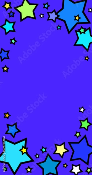 Obraz カラフルな星が飛び出すポップで目立つ青色背景イラストフレーム　縦型