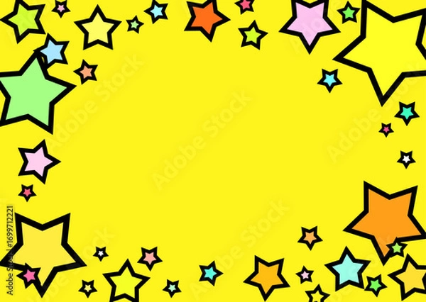 Obraz カラフルな星が飛び出すポップで目立つ黄色背景イラストフレーム　横