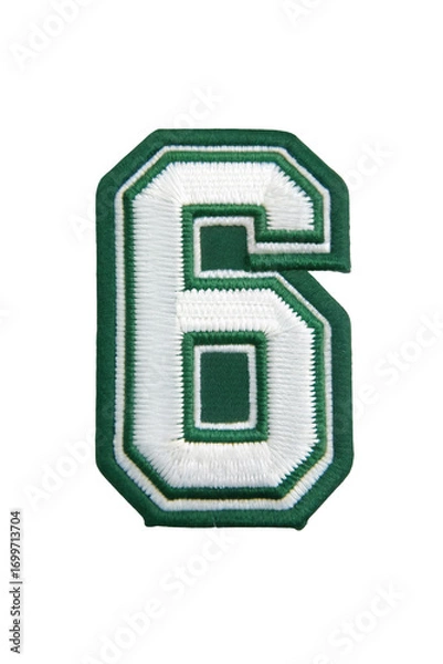Fototapeta Embroidered varsity style patch green and white number six isolated on black background image