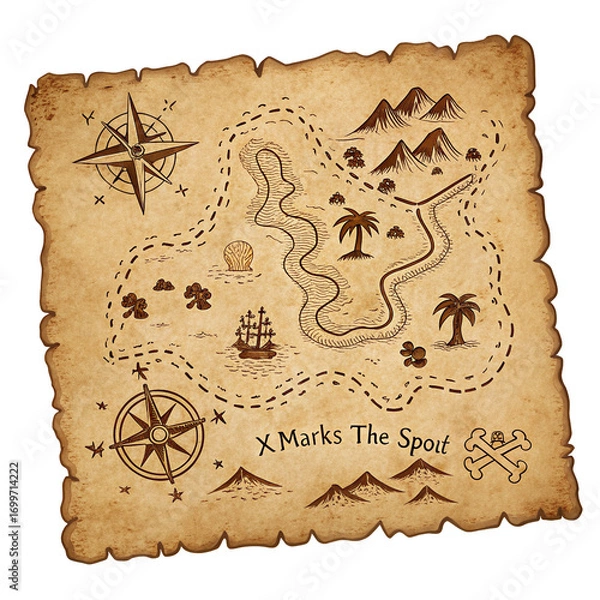 Fototapeta Vintage treasure map with compass rose and pirate symbols for adventure seekers and explorers