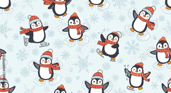 Fototapeta Cute Penguin Vector Pattern with Snowflake Elements Winter Holiday Design