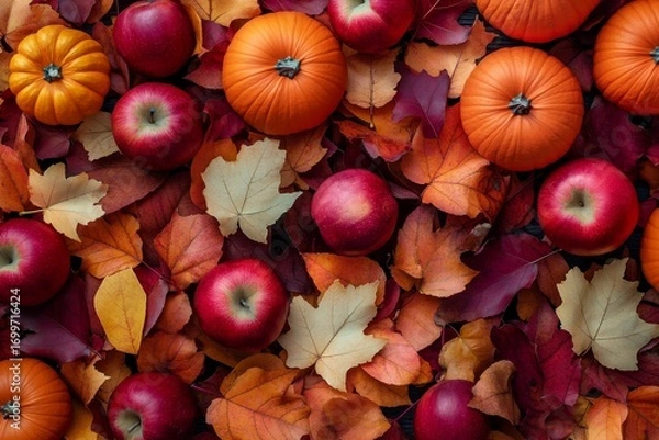 Fototapeta Vibrant autumnal display of ripe apples and pumpkins nestled amidst a rich tapestry of colorful leaves.