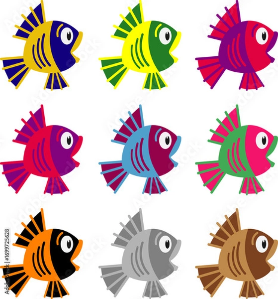 Fototapeta A set of vector fish in a fun, cartoonish, flat style.