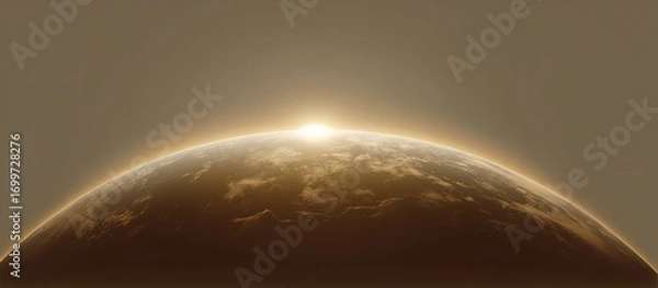 Fototapeta Planet rises, sun crests the horizon, a distant world glow in dusty atmosphere