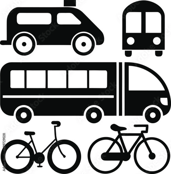 Fototapeta Transportation Variety Graphic Featuring Cars Bicycles and Buses in Black Silhouette Design Simple and Modern for Visual Communication Projects