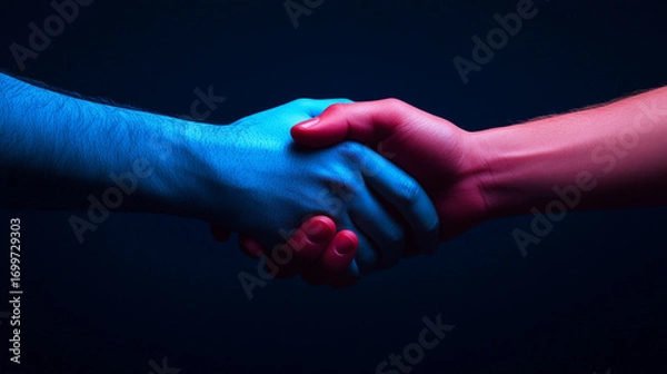 Fototapeta Two hands blue and red shaking in the dark a symbolic gesture of unity or conflict