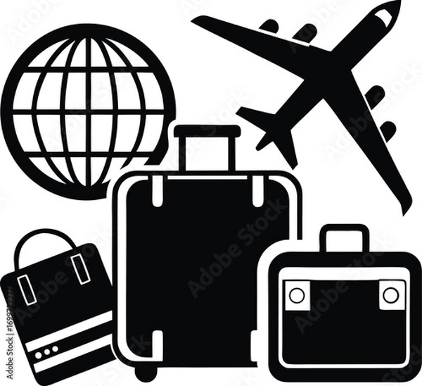 Fototapeta Global Exploration Graphic A Symbolic Representation of Travel and Adventure Featuring Luggage, Globe, and an Airplane Silhouette