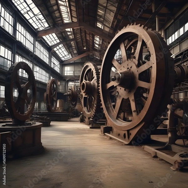 Fototapeta Industrial Elegance: Gigantic Gears in an Abandoned, Light-Filled Factory Interior