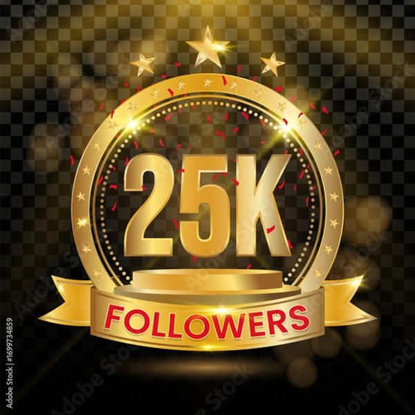Fototapeta 25K Followers Logotype with Gold and red Confetti Isolated on Black Background, Vector Design for Greeting Card and Social Media.