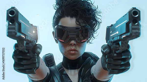 Fototapeta 3d character in action pose with dual sci-fi guns