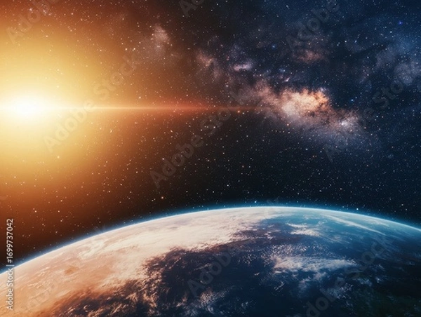 Fototapeta Stunning View of Earth from Space with Glowing Sun and Stars