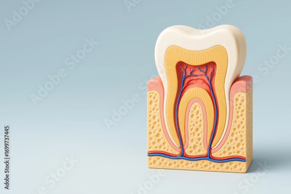 Fototapeta Tooth cross section showing enamel dentin pulp nerve blood vessel gum root bone and healthy structure educational and medical concept