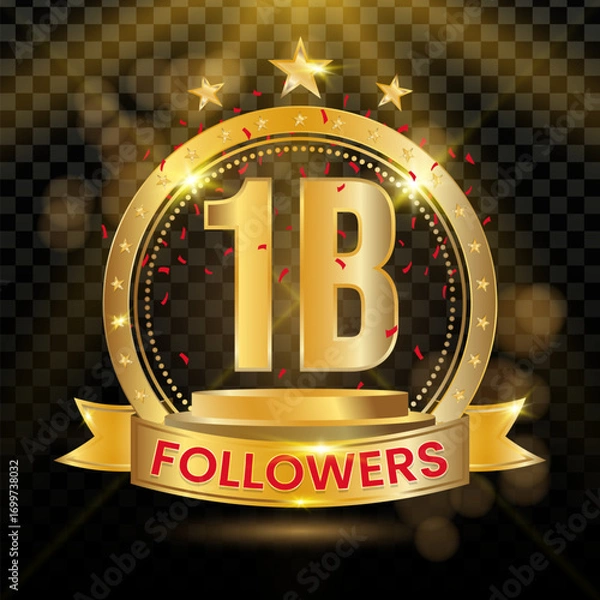Fototapeta 1B Followers Logotype with Gold and red Confetti Isolated on Black Background, Vector Design for Greeting Card and Social Media.
