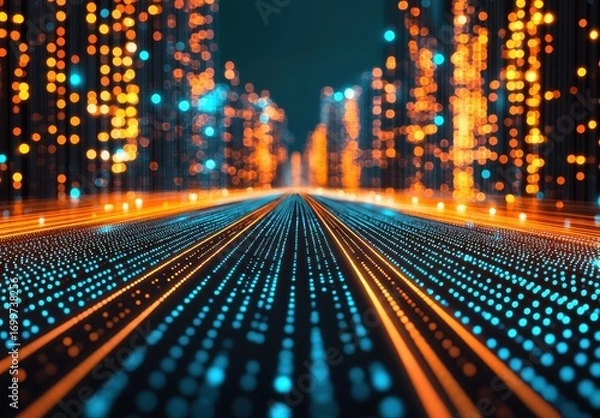 Fototapeta Futuristic Data Stream with Vibrant Orange and Blue Lights