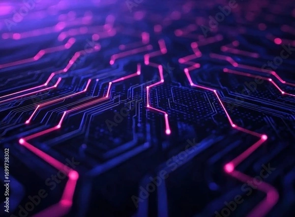 Fototapeta Abstract Circuit Design with Neon Lights and Dark Background