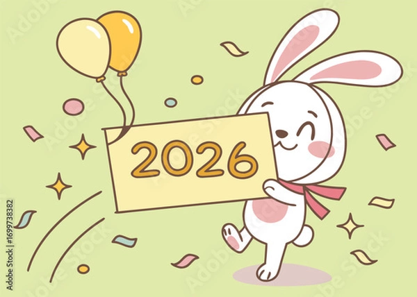 Fototapeta Adorable Bunny Character with Golden 2026 and Festive Confetti, Soft Outline Vector