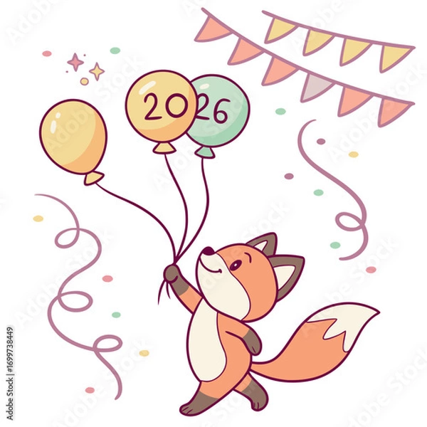 Fototapeta Adorable Fox Character with 2026 Balloons, Fun New Year Party Cartoon Vector