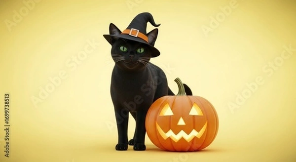 Fototapeta Black cat wearing a witch hat standing next to a glowing jack o lantern for halloween
