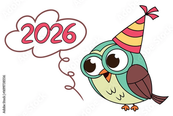 Fototapeta Cute Cartoon Owl Wearing Party Hat with Floating 2026 Text, Festive Vector Illustration