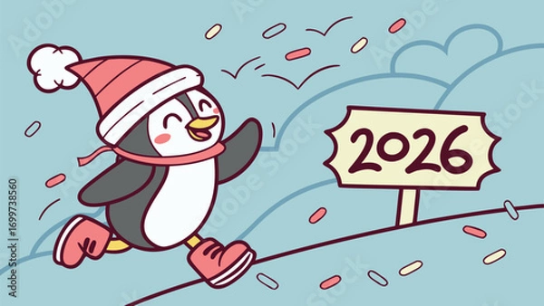 Fototapeta Happy Cartoon Penguin Sliding on Snow with 2026 Sign and Confetti, Cute Vector Illustration