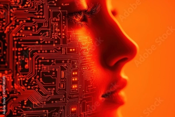 Fototapeta Futuristic Portrait with Circuit Patterns and Orange Glow Effect