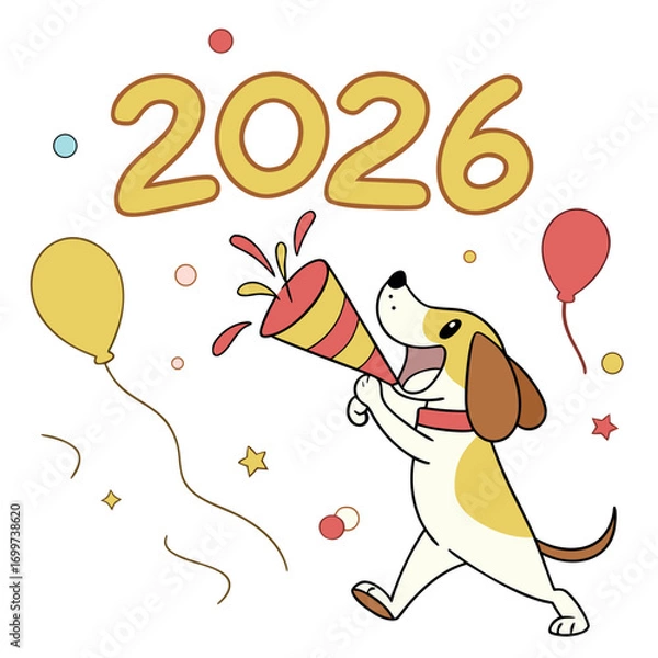 Fototapeta Happy Dog Character Celebrating New Year 2026 with Party Popper, Fun Cartoon Vector EPS