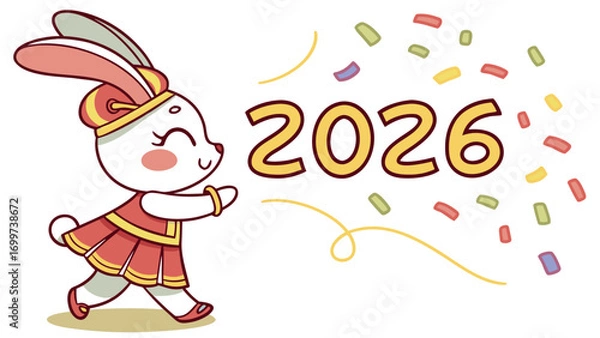 Fototapeta Cute Cartoon Rabbit Dancing with Golden 2026 and Falling Confetti, Vector Illustration
