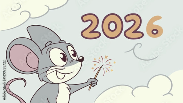 Fototapeta Adorable Happy Mouse Character with Sparkler and New Year 2026 Typography, Vector EPS