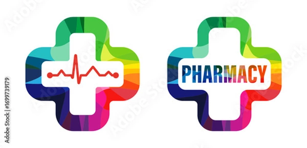 Fototapeta Set of creative multicolored crosses with stained glass texture and isolated clipping mask. Pharmacy logo design