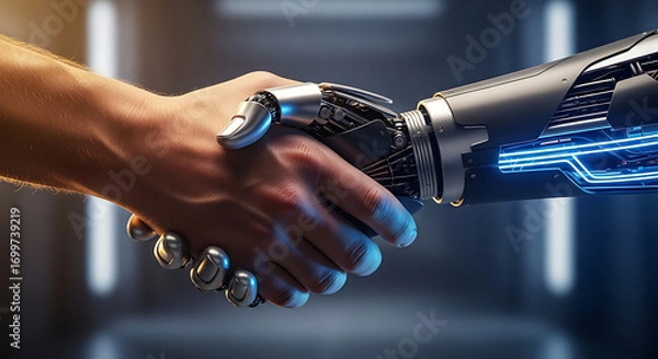Fototapeta Handshake of Innovation: A human hand clasps with a robotic hand, symbolizing collaboration in futuristic design, in this awe-inspiring image, representing technological partnership, collaboration.