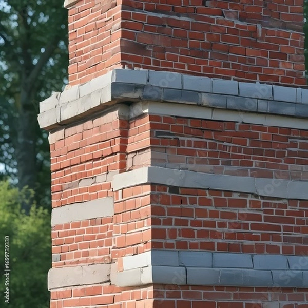 Fototapeta Detailed masonry chimney with brick and stone against green trees.