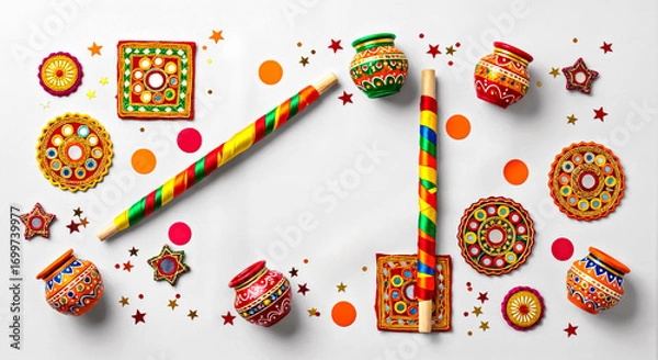 Obraz Flat Lay Composition with Indian Sharad Navratri Festive Elements on White Empty Surface