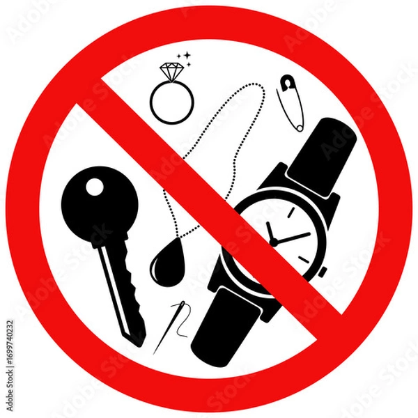 Obraz No metallic articles sign. Prohibition sign of key,watch. Flat vector illustration design isolated on white background