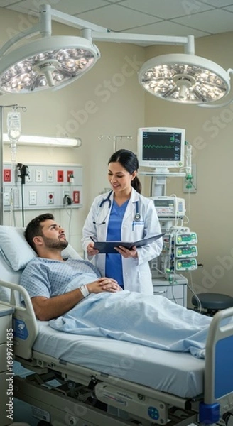 Fototapeta Doctor nurse and patient support and discussion at hospital for consulting, assistance discussion and doing meeting home