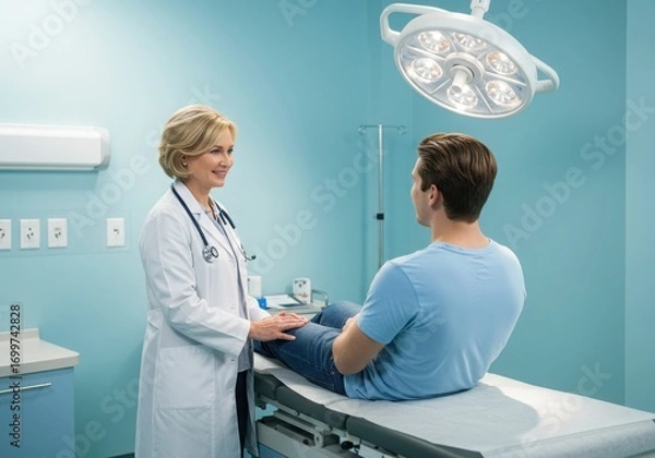 Fototapeta Doctor nurse and patient support and discussion at hospital for consulting, assistance discussion and doing meeting home