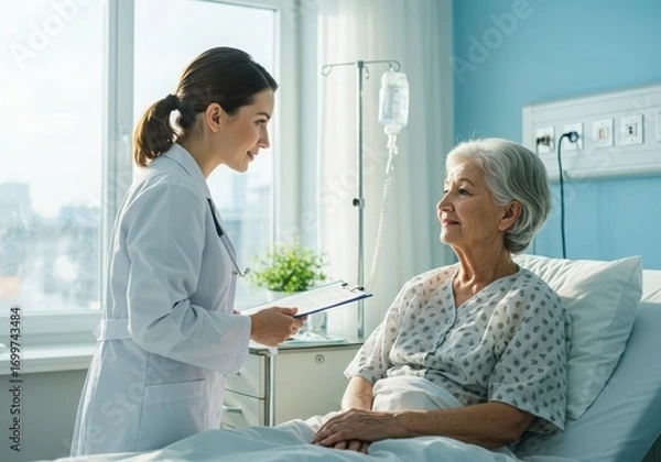 Fototapeta Doctor nurse and patient support and discussion at hospital for consulting, assistance discussion and doing meeting home