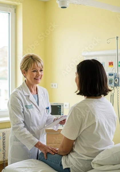 Fototapeta Doctor nurse and patient support and discussion at hospital for consulting, assistance discussion and doing meeting home