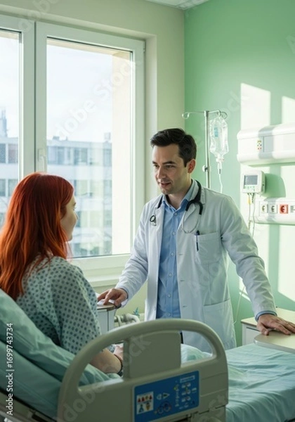 Fototapeta Doctor nurse and patient support and discussion at hospital for consulting, assistance discussion and doing meeting home