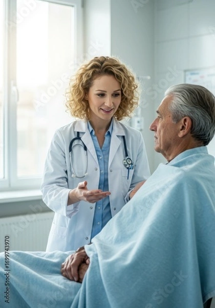 Fototapeta Doctor nurse and patient support and discussion at hospital for consulting, assistance discussion and doing meeting home