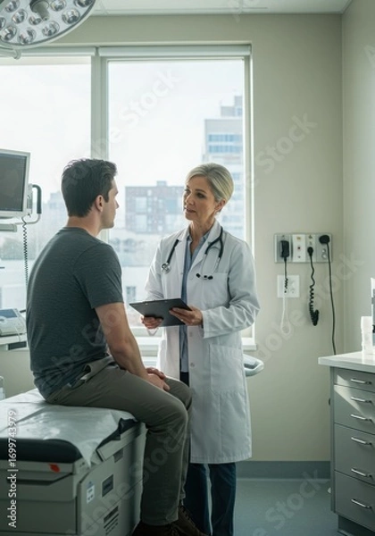 Fototapeta Doctor nurse and patient support and discussion at hospital for consulting, assistance discussion and doing meeting home