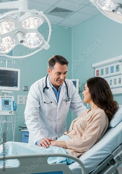 Fototapeta Doctor nurse and patient support and discussion at hospital for consulting, assistance discussion and doing meeting home