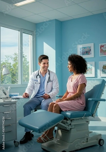 Fototapeta Doctor nurse and patient support and discussion at hospital for consulting, assistance discussion and doing meeting home