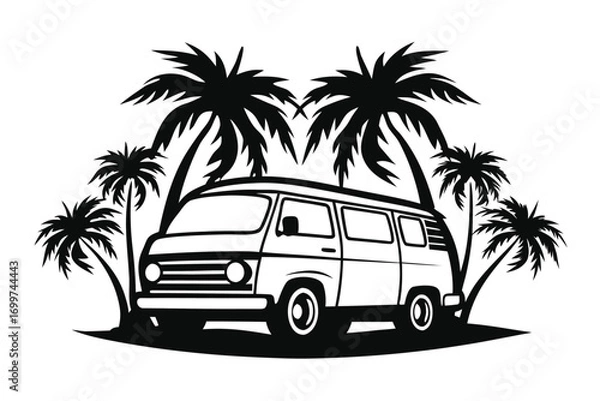 Fototapeta Black Line Art of Camper Van with Open Door and Palm Trees on White Background