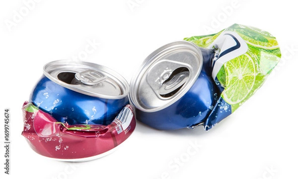 Fototapeta Crushed and prepared for recycling aluminum cans from soft drinks and non-alcoholic beers.