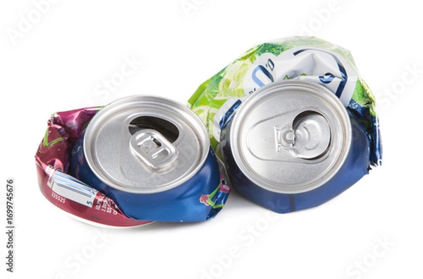 Fototapeta Crushed and prepared for recycling aluminum cans from soft drinks and non-alcoholic beers.