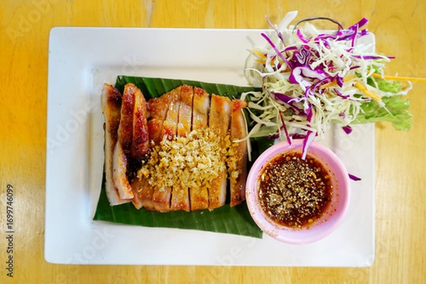 Obraz Roasted chicken with fried garlic and salad, Thai food