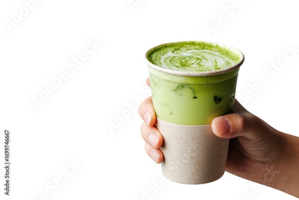 Fototapeta Hand holding a reusable eco cup filled with iced matcha on transparent background