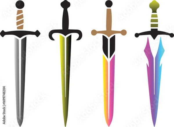 Obraz Four distinct fantasy swords with unique blade designs and hilts