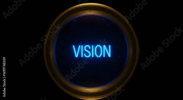Fototapeta 「VISION」のネオンが輝く未来。望遠鏡のレンズ越しに見たビジネスのビジョンと展望のコンセプト背景。